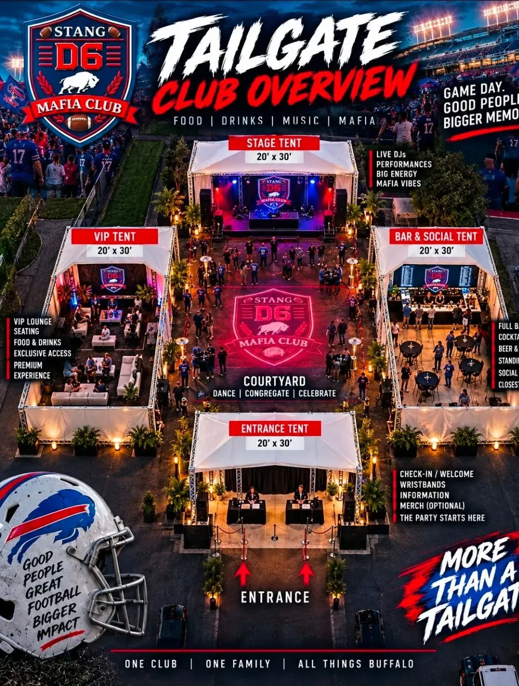 Aerial view of the Stang D6 Mafia Club tailgate layout with stage, VIP, bar and entrance tents