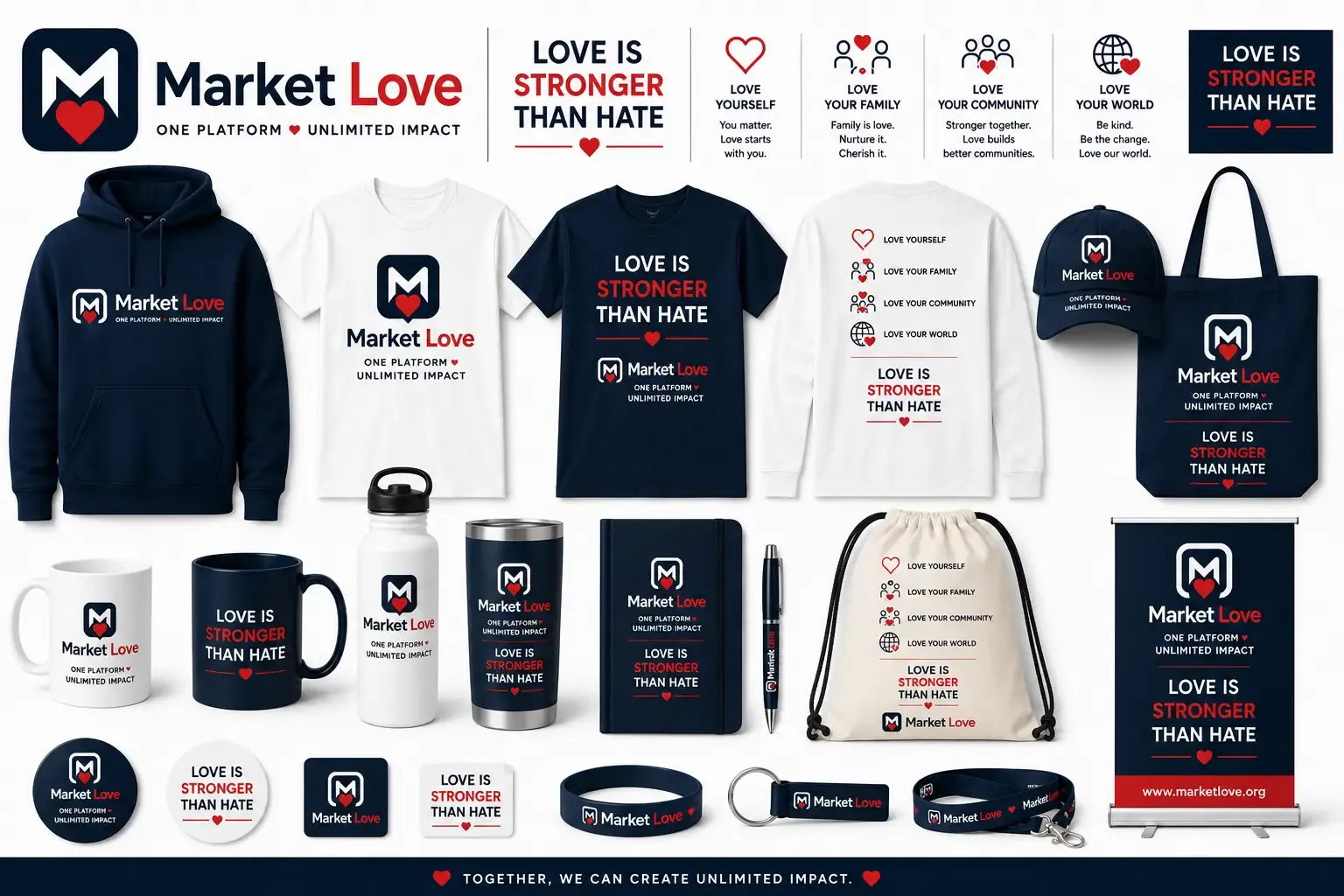 Market Love merchandise: hoodie, tees, caps and mugs