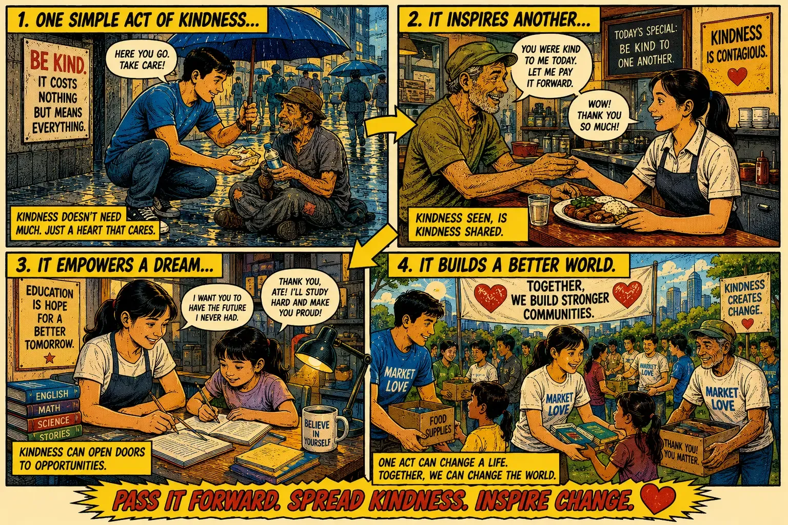 Comic strip: one simple act of kindness inspires another, empowers a dream and builds a better world